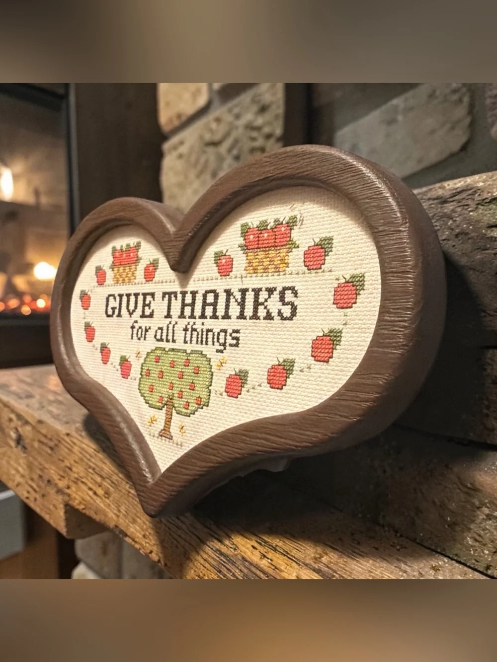 Vintage Framed Heart Cross Stitch Give Thanks For All Things Tree Wall Decor